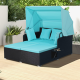 Tangkula Patio Rattan Daybed, Patiojoy Wicker Daybed Loungerw/Retractable Canopy, 2 Foldable Side Panels