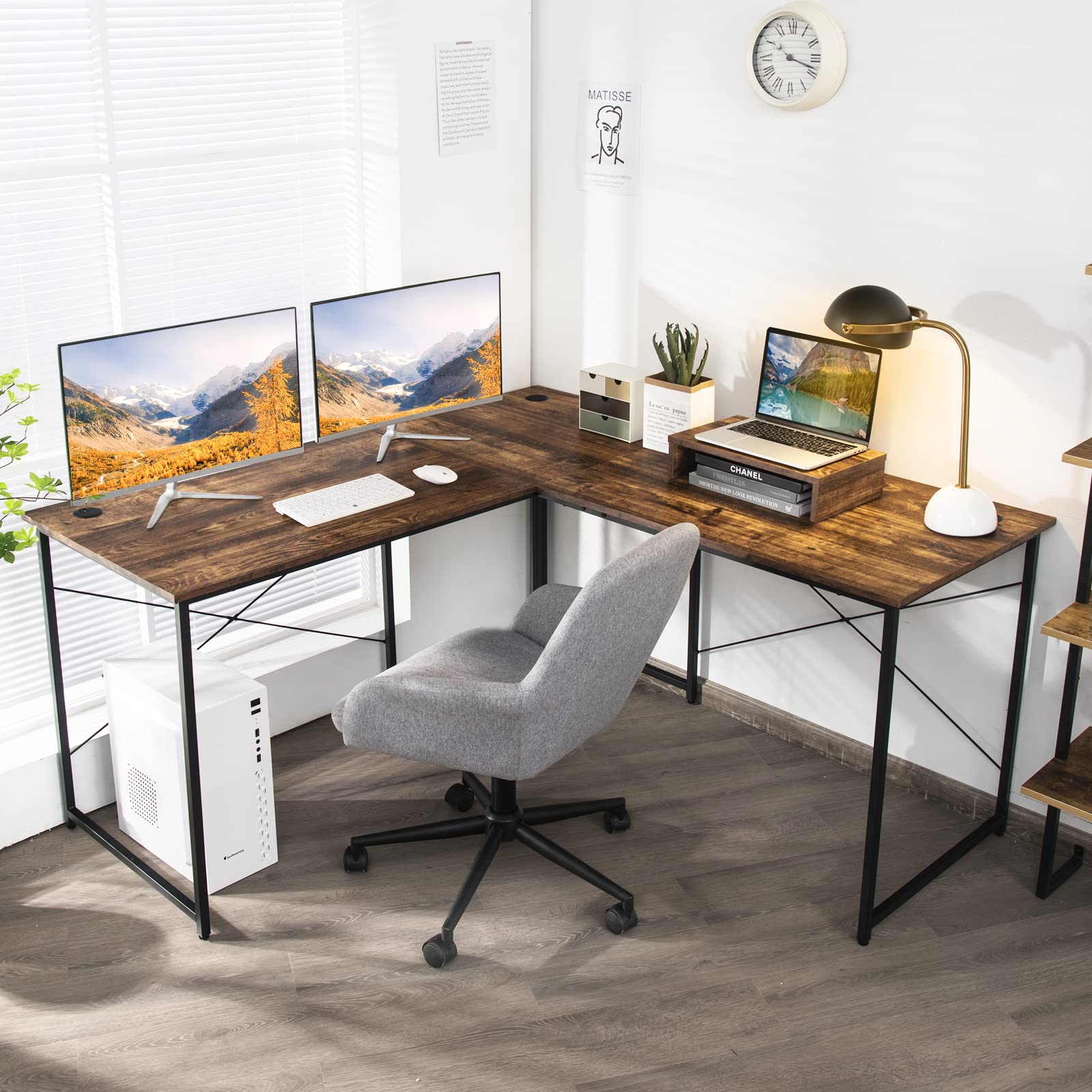 95 Inch Reversible Corner Desk with Monitor Stand - Tangkula