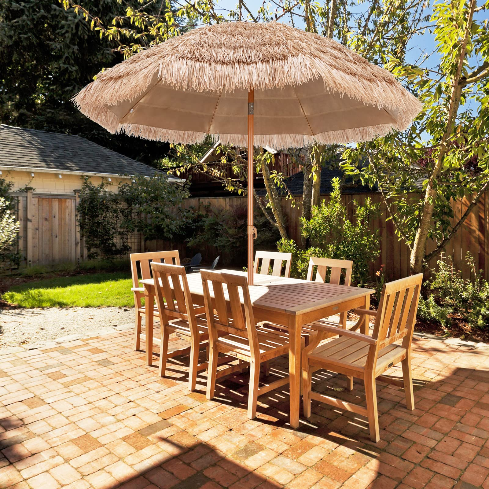 Tangkula 7.2 ft Thatched Patio Umbrella, Hawaiian Style Grass Beach Umbrella with Tilt Adjustment