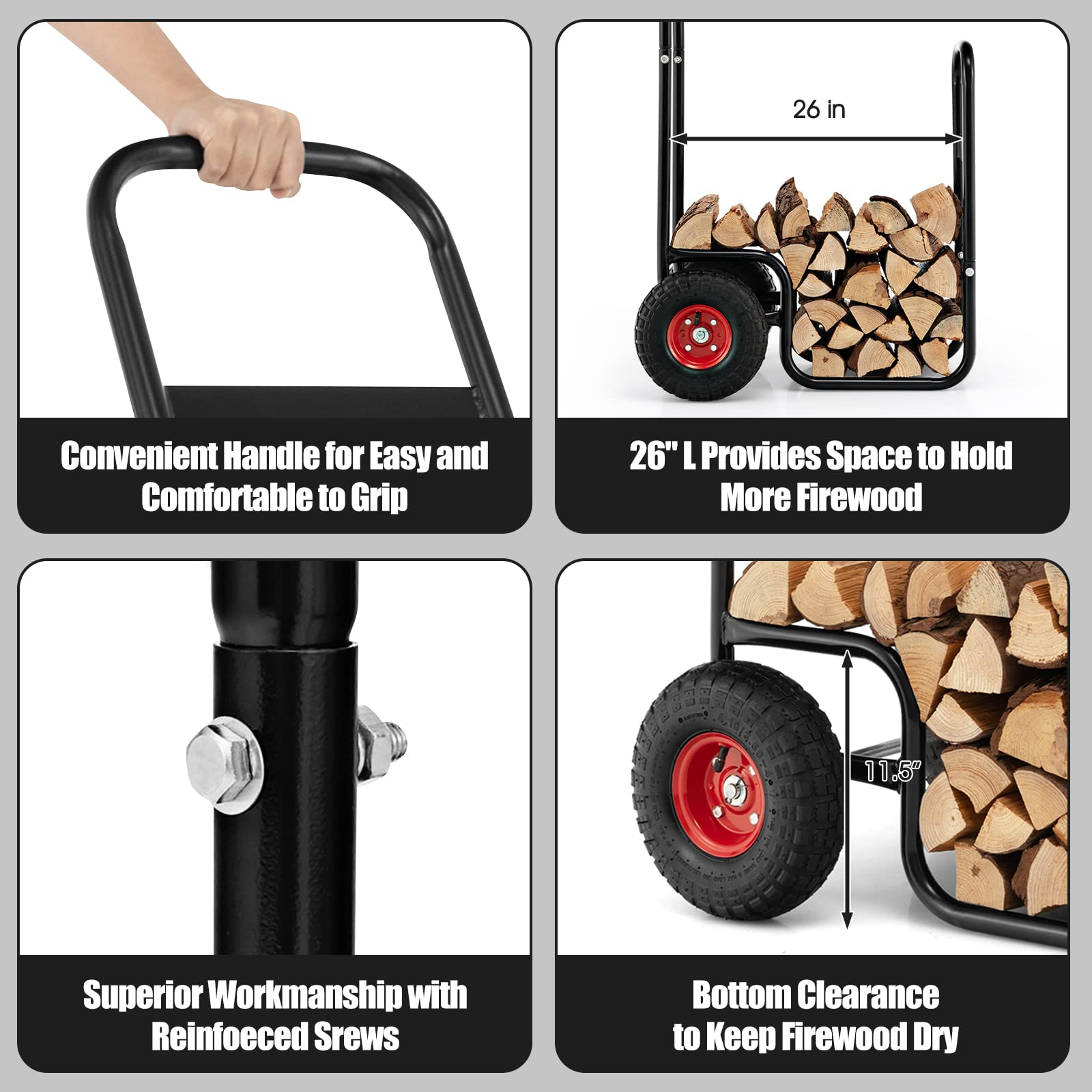 Rolling Log Rack Tangkula Firewood Log Cart, Wood Rack Storage Mover with Rolling Wheel ...
