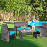 Tangkula 4 PCS Wicker Patio Conversation Set, Outdoor Rattan Sofas with Table Set