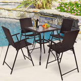 5 Pcs Patio Furniture Set Square Bar Glass Top Table and 4 Folding Chairs Wicker Outdoor