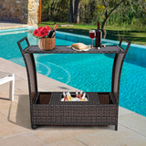 Tangkula Outdoor Wicker Bar Cart, Patio Wine Serving Cart w/Wheels & Removable Ice Bucket