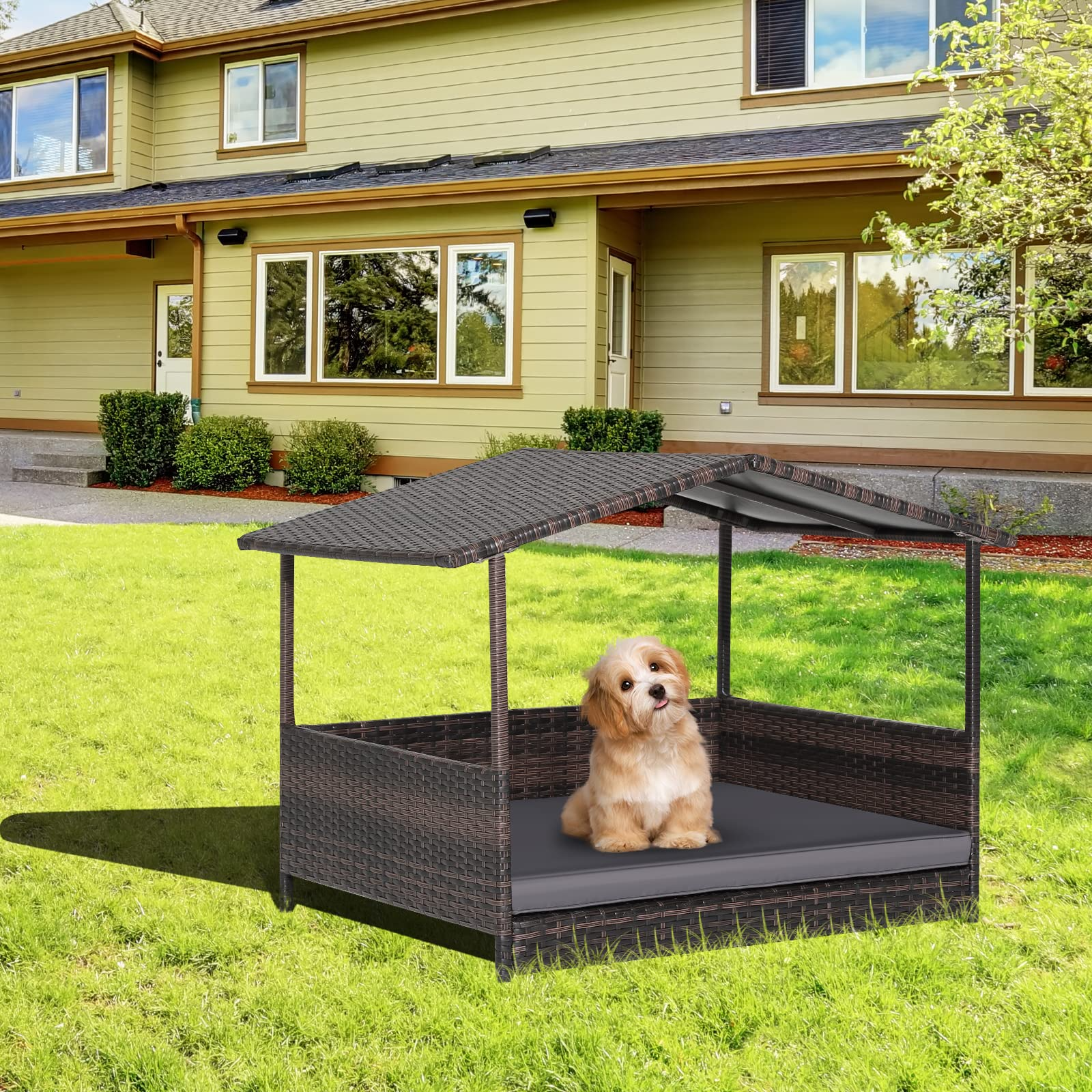 PawHut Wicker Dog House Elevated Pet Bed With Shade Canopy For