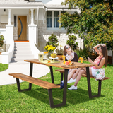 Tangkula Picnic Table with 2 Benches, Outdoor Acacia Wood Picnic Table Bench Set with 2-Inch Umbrella Hole