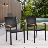 Tangkula 2 Pieces Stackable Patio Rattan Chair, Outdoor PE Wicker Dining Armchair W/Galvanized Steel Frame, Acacia-Topped Armrests