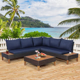 4 Pieces Acacia Wood Patio Conversation Set, Sofa Set with Coffee Table, Corner Sofa & 2 Loveseats