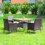 Tangkula 5 Pieces Wicker Patio Dining Set, Outdoor Acacia Wood Dining Furniture with 4 Armrest Chairs & 1 Dining Table