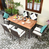 Tangkula 7 Pieces Outdoor Dining Set, Acacia Wood Patio Dining Table w/ 6 Cushioned Rattan Armrest Chairs