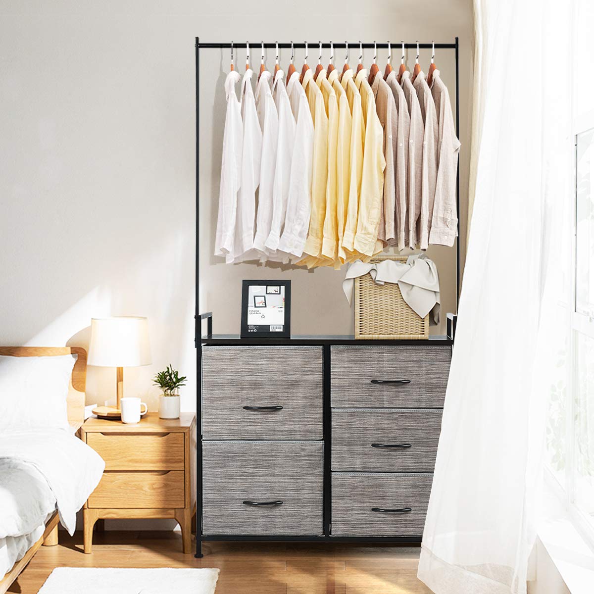 Fabric Drawer Dresser w/Clothes Rack, Storage Organizer with Metal Fra – tangkula