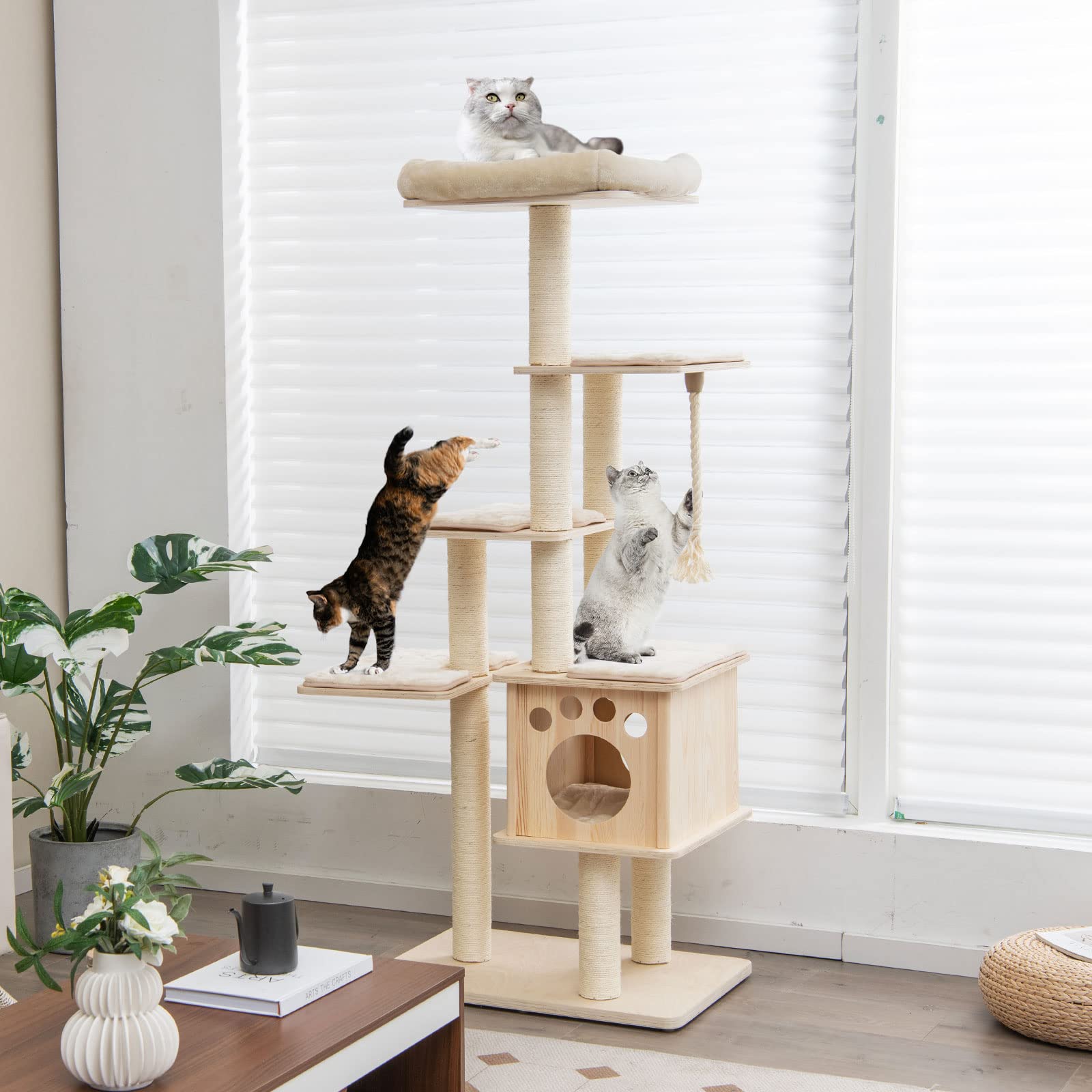 Tangkula Modern Wood Cat Tree, 67 Inch Multi-Level Tall Cat Tree Tower