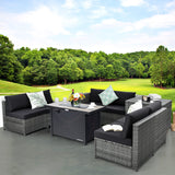 Tangkula 9 Pieces Patio Rattan Furniture Set, Patiojoy Sectional Sofa Set with Fire Pit Table