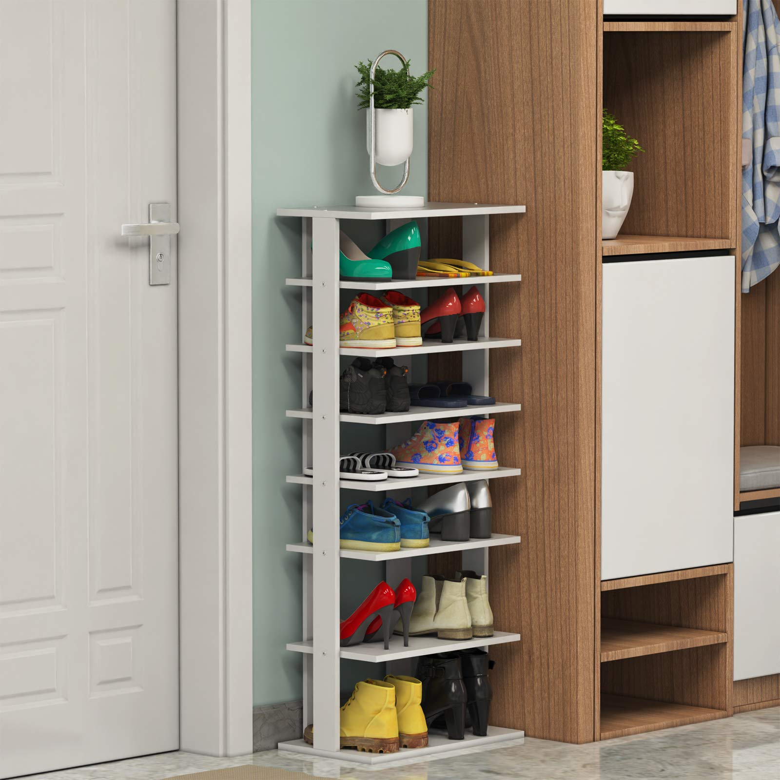 Tangkula 7 Tiers Vertical Shoe Rack Entryway Slim Wooden Shoes Racks tangkula