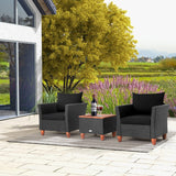 Tangkula 3 Pieces Patio Porch Furniture Set, PE Rattan Wicker Chair Conversation Set with Cushions and Storage Table