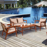 4/8PCS Patio Wood Sofa Set, Outdoor Acacia Wood Seating Chat Set with Cushions & Coffee Table
