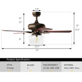 Tangkula Vintage Ceiling Fan with Light, 52-Inch Indoor Ceiling Fan with Glass shade, LED Ceiling Fan (Espresso)