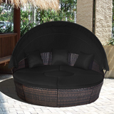 Tangkula Patio Round Daybed with Retractable Canopy, Outdoor Wicker Rattan Furniture Sets