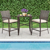 3 Piece Patio Bar Set, Outdoor Bar Stool Bistro Set w/ 27.5" Square Table, 2 Wicker Cushioned Chairs