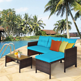 Tangkula Patio Corner Sofa Set 3 Piece, Outdoor Rattan Sofa Set