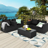 Patio Rattan Conversation Furniture Set, Outdoor Wicker Sofa Set with Padded Cushion & Tempered Glass Coffee Table