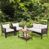 Tangkula 4-Piece Patio Furniture Set, Patiojoy Acacia Wood Outdoor PE Wicker Conversation Set with Cushions (Off White)