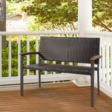 Tangkula Outdoor Stackable Bench, All-Weather PE Wicker Loveseat with Acacia Wood Armrests