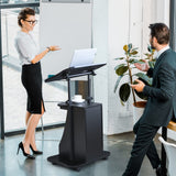 Mobile Laptop Podium, Height Adjustable Sit to Stand Desk with Tilting Desktop & Storage Cabinet