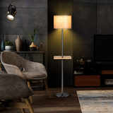 Tangkula Modern Floor Lamp with Tray Table, Indoor 3-in-1 Floor Lamp with Linen Fabric Shade & Rubber Wood Tray Table