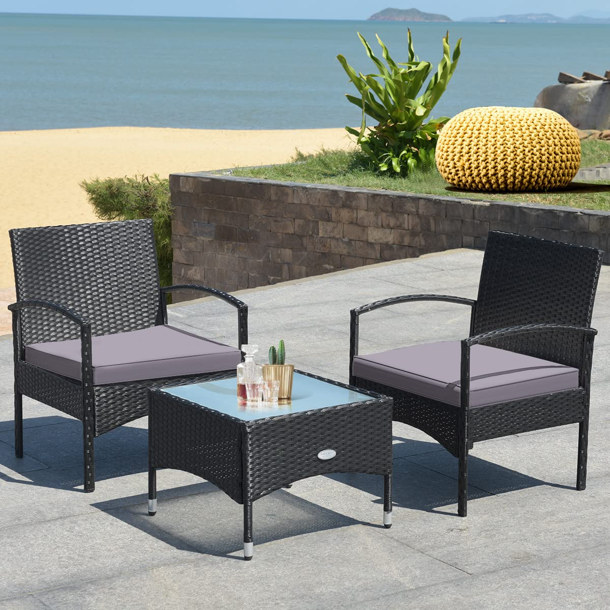 3 Pieces Patio Rattan Conversation Set - Tangkula