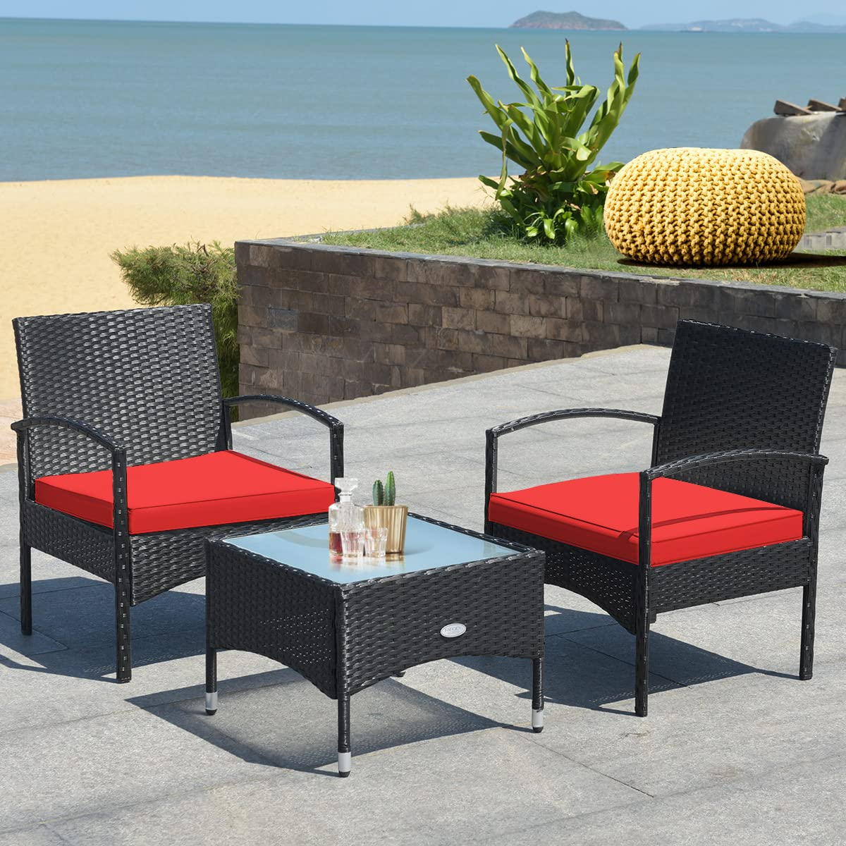 3 Pieces Patio Rattan Conversation Set - Tangkula