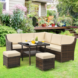 Tangkula Wicker Outdoor Dining Set, 6 Piece PE Rattan Wicker Sectional Corner Sofa Set with Dining Table, 2 Ottomans, Suitable for Garden