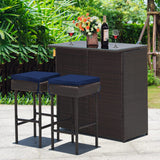 Tangkula Patio Bar Set, 3 Piece Outdoor Rattan Wicker Bar Set with 2 Cushions Stools & Glass Top Table