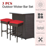 Patio Bar Set, 3 Piece Outdoor Rattan Wicker Bar Set with 2 Cushions Stools & Glass Top Table