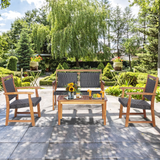 Tangkula 4 Pieces Patio Rattan Conversation Set with Acacia Wood Frame, Patiojoy Outdoor Furniture Set with Chairs & Coffee Table