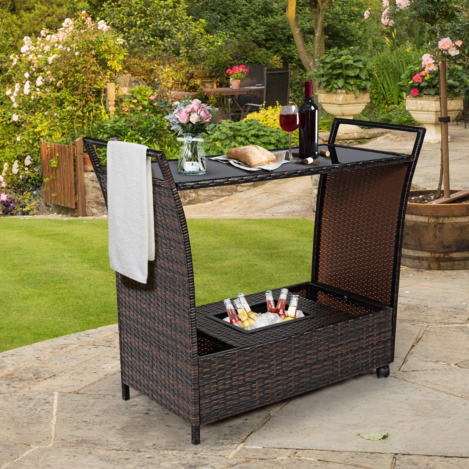 Tangkula Outdoor Wicker Bar Cart, Patio Wine Serving Cart w/Wheels & Removable Ice Bucket