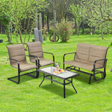 4 Pieces Outdoor Furniture Set, Coffee Table, 2-Person Swing Glider Loveseat and 2 Spring Motion Dining Chairs(Brown)