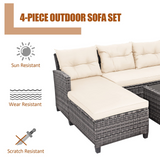 Tangkula 4 Pieces Rattan Conversation Set, Patiojoy Outdoor Furniture Set with Cushions, Lounge Sofa Set with Coffee Table