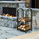 Tangkula Firewood Rack with 4 Fireplace Tools, Firewood Rack Bin Log Holder with Fireplace Tools Set