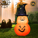 Tangkula 5 Ft Halloween Inflatable Pumpkin with Witch Hat, Blow Up 2 Pumpkins with LED Lights