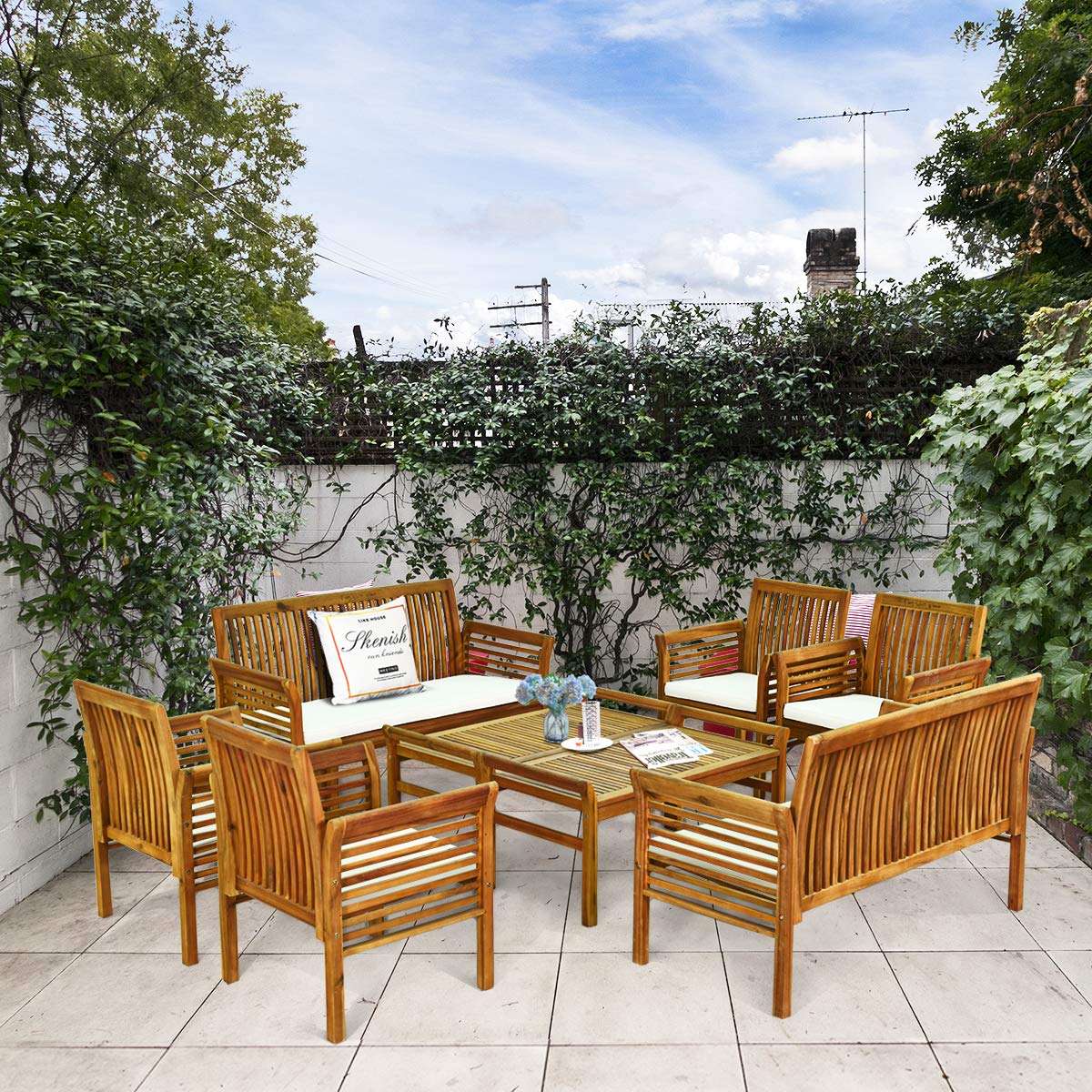 Tangkula 4 or 8 Piece Outdoor Acacia Wood Sofa Set, Padded Patio Conversation Table Chair Set