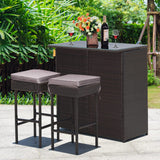 Tangkula Patio Bar Set, 3 Piece Outdoor Rattan Wicker Bar Set with 2 Cushions Stools & Glass Top Table