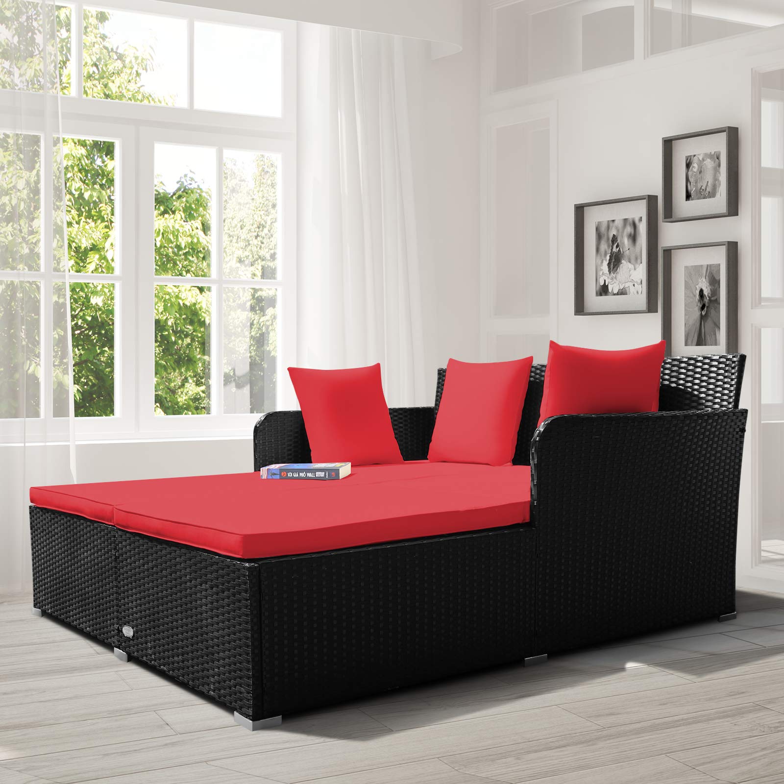 Outdoor Rattan Daybed, Red - Tangkula