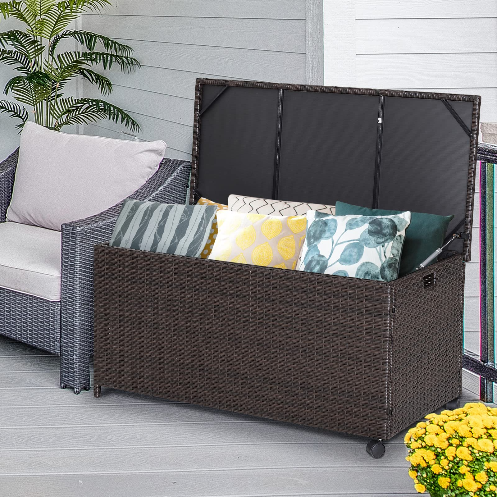 Tangkula 50 Gallon Wicker Deck Storage Box, Patio Rattan Storage Container with 2 Universal Wheels