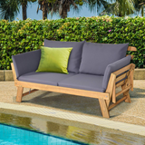 Tangkula Acacia Wood Patio Convertible Couch Sofa Bed with Adjustable Armrest