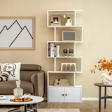 Tangkula S Shaped Bookshelf with Cabinet, 6-Tier Bookcase with Doors, Freestanding Geometric Bookshelves for Living Room