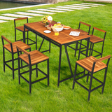 7-Piece Outdoor Acacia Wood Bar Set, Patiojoy Outdoor Rattan High-Dining 6 Bar Stools and 1 Rectangular Table with Umbrella Hole