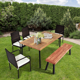Tangkula 6 Pieces Patio Dining Set, Outdoor Acacia Wood and Wicker Furniture Set w/2.16" Hole