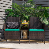 PE Wicker Outdoor Furniture Set, 2 Cushioned Seats and Tempered Glass Table