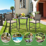 3 Piece Patio Bar Set, Outdoor Bar Stool Bistro Set w/ 27.5" Square Table, 2 Wicker Cushioned Chairs