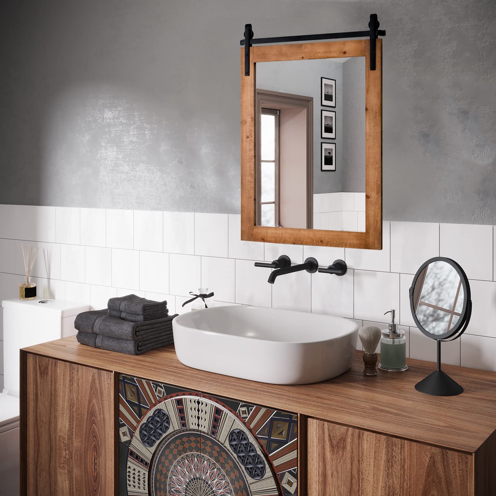 Tangkula Farmhouse Wall Mirror, Rustic Horizontal Hanging Bathroom Mirror, 22 x30 Inch